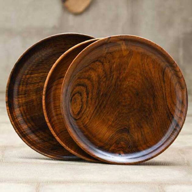 Handcrafted Wooden Thali Plate – Set of 4